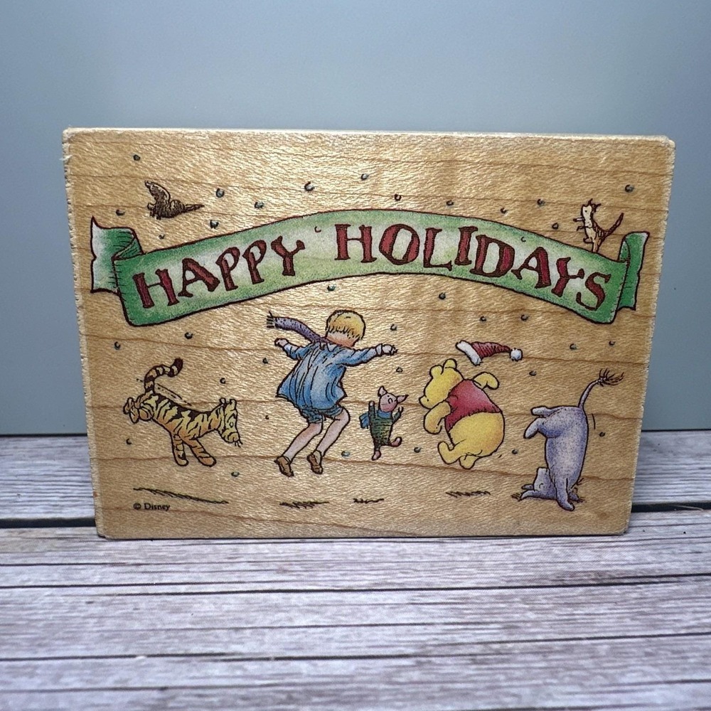 Disney Winnie Pooh Happy Holidays Stamp Wooden - Fun In The Snow 744H